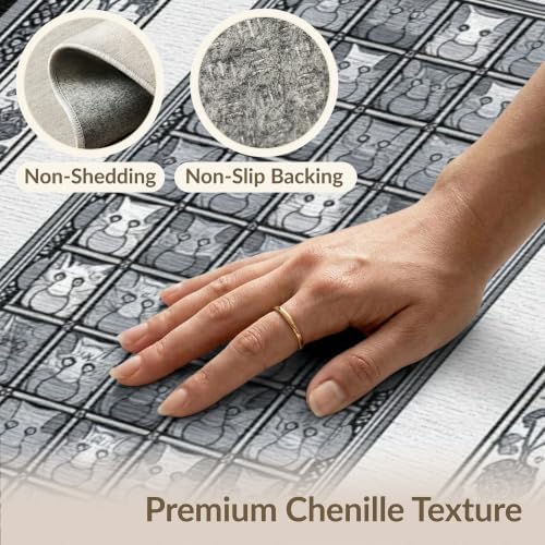 9'x12' Charcoal Gray Cat Motif with Vine Border Washable Area Rug