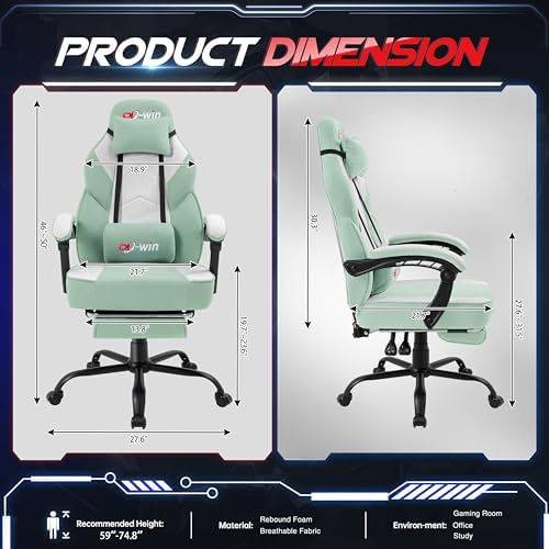 Gaming Chair for Adults with Footrest & Massage Lumbar Support, Ergonomic High Back Gamer Chair, Adjustable Swivel Computer Gaming Chairs with Headrest and Linkage Armrests,Green