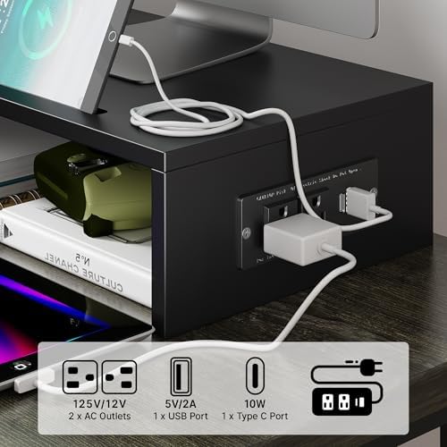 Dual Monitor Stand with USB Ports Wood Monitor Stand Riser with Drawer