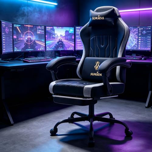 SUKIDA Computer Gaming Chair - Fabric Video Game Chairs with Footrest and Lumbar Support Swivel Comfy Linkage Armrests Gamer Chairs Home Desk Chair for Adults, Black&Grey