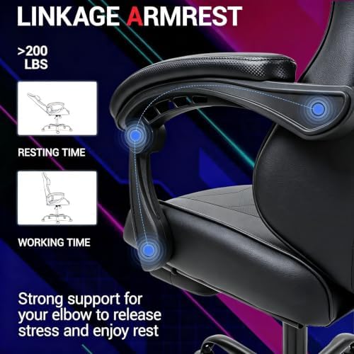 Gaming Chair with Footrest for Adults, PU Leather Massage Racing Video Game Chair with Lumbar Support for Men Women, Ergonomic Computer Chair for Home Office, Height Adjustable, Black
