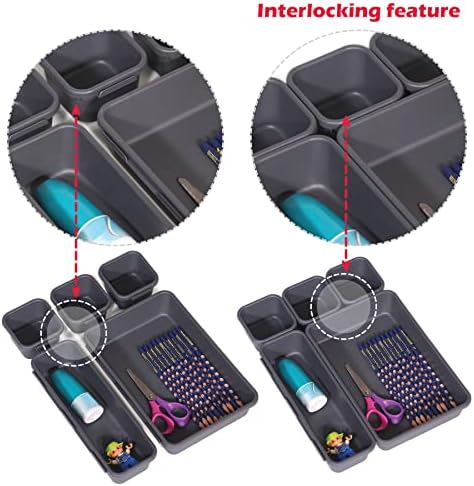 Set of 22 Interlocking Desk Drawer Organizer Tray Dividers Plastic Shallow Narrow Drawers Organizers Separators and Storage Bins Container for Kitchen Bathroom Makeup Office Vanity Bedroom Dresser