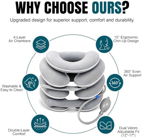 Inflatable Neck Stretcher Cervical Traction Device with 3 Layer Adjustable Pillow - Ergonomic Cervical Neck Pillow for Pain and Stress Relief, Posture Support, Relaxation, Decompression Home Use