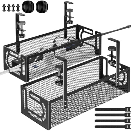 Under Desk Cable Management Tray, 15.7'' No Drill Steel Desk Cable Organizers, Wire Management Tray Cable Management Rack (2 Packs-Black)