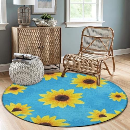 Large Home Decor Mat, Soft Round Yoga Carpet, Non Slip Machine Washable Home Office Circle Rug Sunflower
