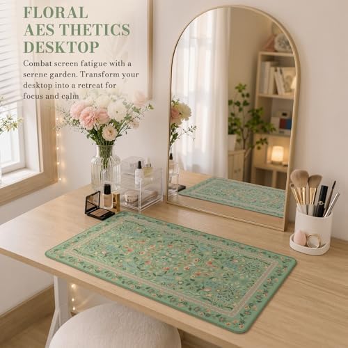 iCasso Aesthetic Flower Mouse Pad,23.6x13.7in Desk Pad, Light Green