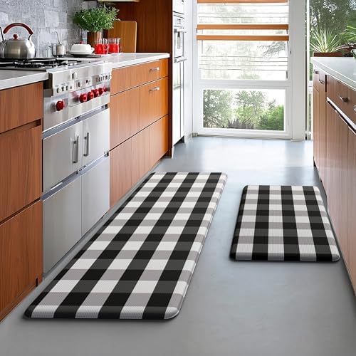 MAYHMYO Cushioned Kitchen Mats for Floor,Anti Fatigue Buffalo Plaid Mat 2PC