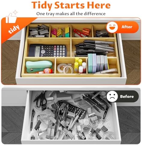 Bamboo Drawer Organizer with 9 Adjustable Compartments, Desk Storage Tray
