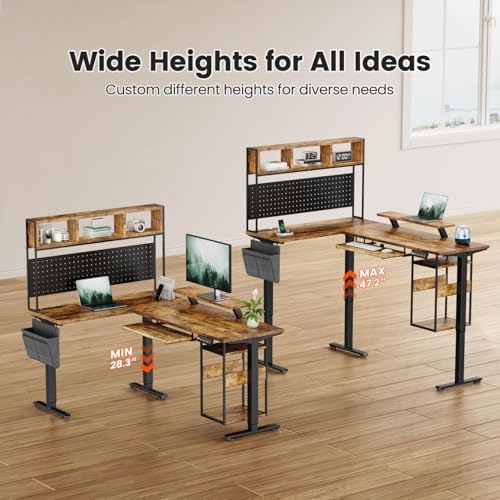 Flycity Electric L Shaped Standing Desk Adjustable Height, 67" x 47" Corner Computer Desk with Host Shelf, Gaming Desk with LED Lights & Power Outlet, Dual Motor Home Office Desk with Storage, Brown