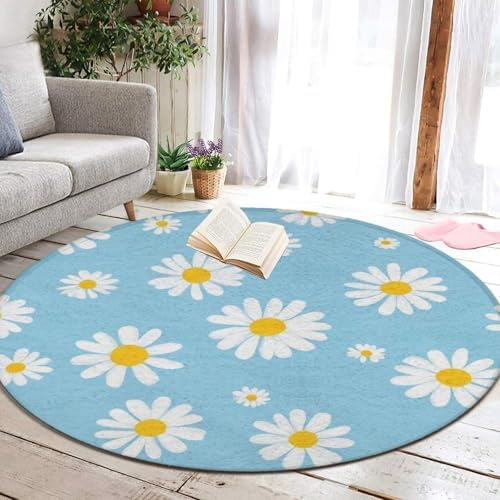 Large Home Decor Mat, Soft Round Yoga Carpet, Non Slip Machine Washable Kitchen Office Circle Rug Sky Blue White Daisy Flowers