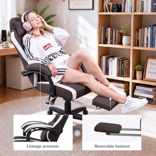 GTPLAYER Gaming Chair with Footrest Fabric Office Chair with Pocket Spring Cushion and Linkage Armrests, High Back Ergonomic Computer Chair with Lumbar Support Task Chair Brown