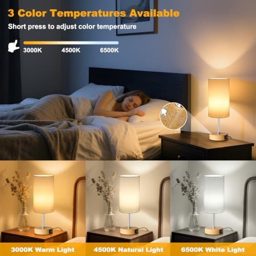 Unicozin Table Lamp with Wood Grain Base, 3 CCT 3000K/4500K/6500K & RGB Color Changing, Stepless Dimmable Small Bedside Lamp for Reading, Ambience Nightstand Light for Home Decor Party, White Shade