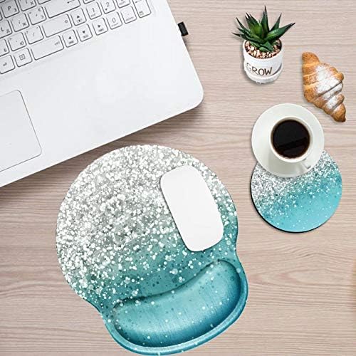 Ergonomic Mouse Pad with Wrist Support Gel, Glitter Blue Sparkle Gaming Mousepad with Wrist Rest Non-Slip Rubber Base for Laptop Computer Home Office + Cup Coaster