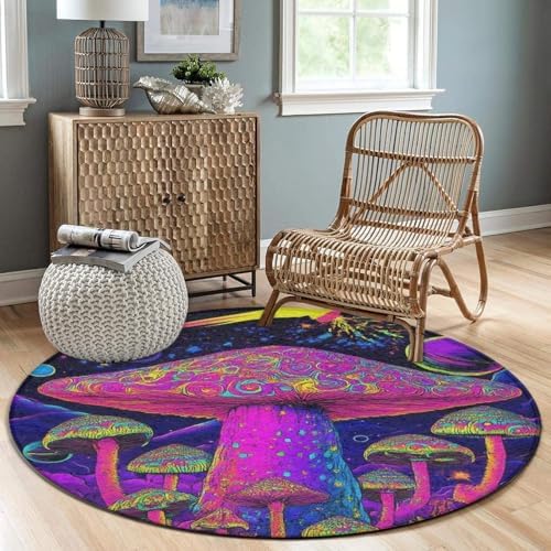 Home Decor Non Slip Kitchen Office Circle Rug, Machine Washable Modern Round Area Rug, Room Sofa Yoga Soft Round Carpet Trippy Purple Mushrooms, 24inch