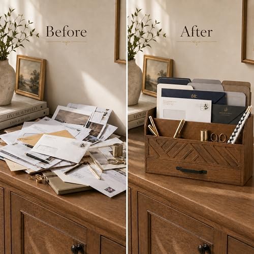BLU MONACO | Wooden Mail Organizer with Drawer and Compartments | Mail Sorter Organizer Countertop for Desk Entryway | Outgoing Mail Holder Wood Desktop File Storage