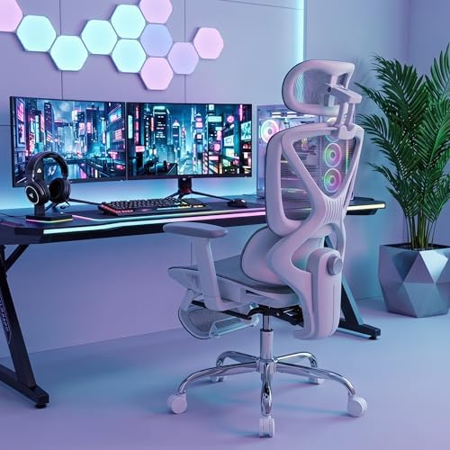 LuxErgo Big & Tall Ergonomic Mesh Office Chair 350lbs, High Back Reclining Gaming Desk Chair with 3D Headrest, Adjustable Armrests, Lumbar Support & Retractable Footrest, Gray