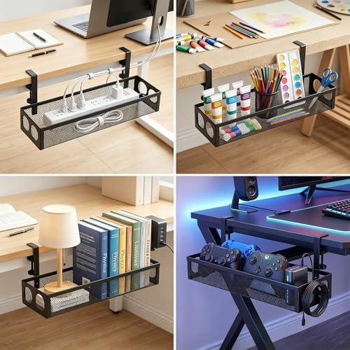 UIN Under Desk Cable Management Tray No Drill,15.35" Metal Cord Organizer with Clamp for Standing Desk, Cable Organizer for Home Office (Black)