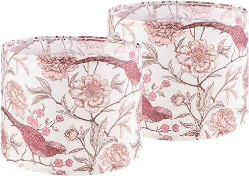 GO&SO Lamp Shades Set of 2,13" D x 10" H,Pink Birds Floral Drum Lamp Shade