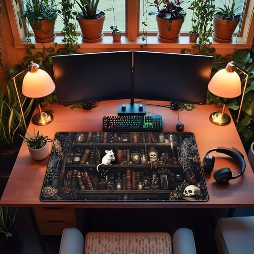 Dark Witchy Desk Mat Gaming Desk Pad Large Mouse Pad, Magician'S Fantasy Bookcase Gothic Mouse Mat XXL Laptop Keyboard Pad, Laptop Keyboard and Mouse Mat Desktop Protector Mat 31.5 X 15.7 in