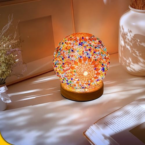 Turkish Mosaic Lamp, 3 Color Temperature Tiffany Bedside Lamp with USB Power, Moroccan Glass Lantern Table Lamp for Living Room Decor, Simple Control (D:4.7" x H:5.2") (Orange1)