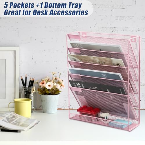 EASEPRES Desk File Organizer Mesh 6-Tier, Hanging Wall Mount Document Organization Stand, Desktop Vertical Mail Paper Folder Holder Rack with Bottom Tray for Office Home Cubicle Countertop, Pink
