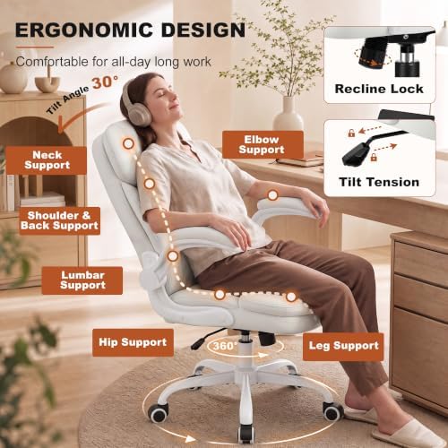 Leather Office Chair, White Computer Desk Chair with Dual Back Support