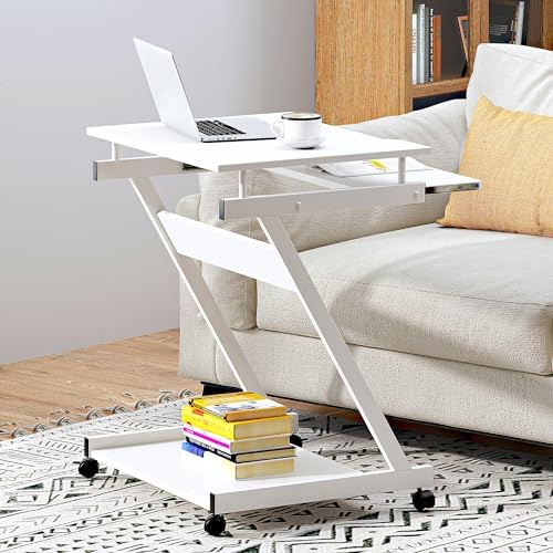 soges Small Rolling Computer Desk, Z Shape Laptop Desk Cart on Wheels, Mobile Computer Workstation for Home and Office with Keyboard Tray, White