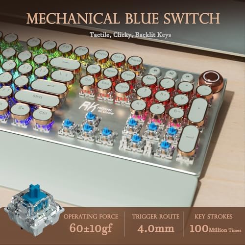 RK ROYAL KLUDGE X108 Typewriter Style Mechanical Keyboard, Wired Gaming Keyboard 108 Keys RGB Backlit Sidelight, Detachable Wrist Rest, Volume Knob, Retro Round Keycaps Blue Switches - Green