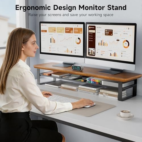 Dual Monitor Stand, 35.4 Inch Monitor Stand Riser for 2 Monitors, 2 Tiers Wood Desk Shelf with Storage, Desktop Organizer Stand for Computer, Laptop, Printer, TV