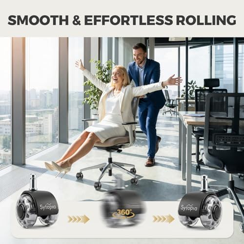 Office Chair Wheels, 2 Inch Rubber Rollers, Heavy Duty, Safe for Hardwood Floors, Carpets, Mats, Universal Size 11x22mm, Smooth and Quiet, Black, Set of 5