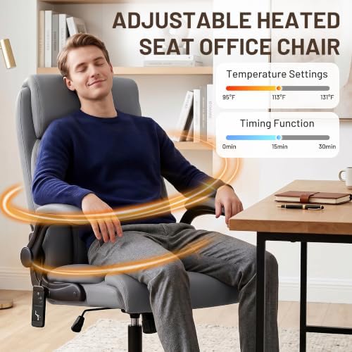 Heated Office Chair, Reclining Desk Chair with Constant Warm Heat, Big and Tall Executive PU Leather Chairs for Heavy People, Ergonomic Wider & Thicker Seat Cushion Gaming Chairs (Gray)