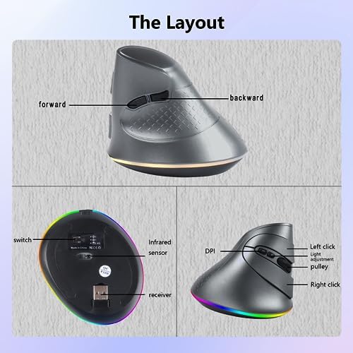 Wireless Mouse, Vertical Ergonomic Mouse 2.4G Bluetooth Dual Mode 3 DPI Rechargeable Connect Multiple Devices Vertical Mouse 6 Buttons and RGB Lights Suitable for PC Laptop Computer(Grey)