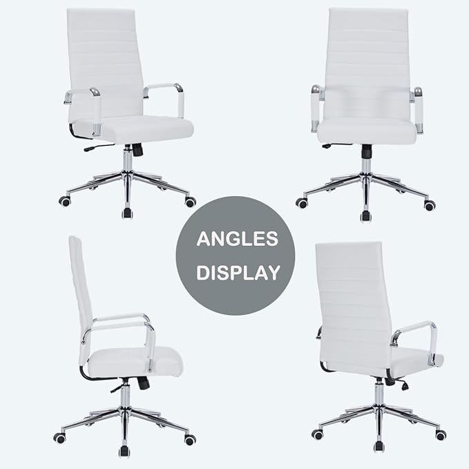White Leather Ribbed Office Desk Chair, Ergonomic High-Back Executive Conference Room Chairs with Wheels, Adjustable Swivel Computer Task Chair with Arms and Thick Padded Seat