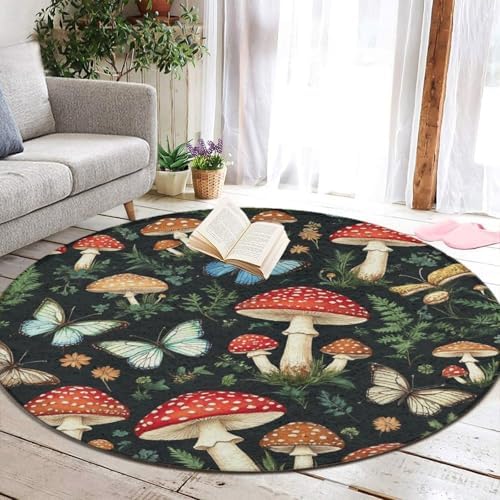 Soft Round Yoga Carpet, Office Chair Decor Round Mat for Carpet and Hardwood Floors Butterfly Mushroom Gifts