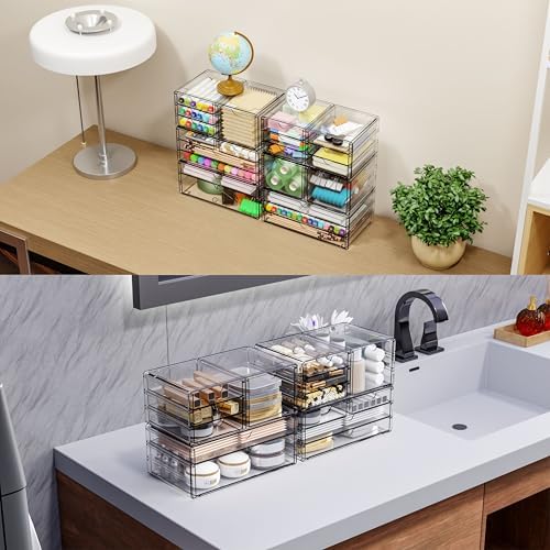 Yieach 2 Pack Acrylic Storage Drawers With 4 Drawers,Stackable Desk Organizers and Makeup Organizer,Large Clear Office Supplies Organizer for Pen,Medical,Art Craft,Stationery Organizer for Countertop