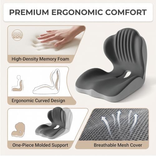 Memory Foam Seat Cushion with Lumbar Support, L-Shaped, Gray