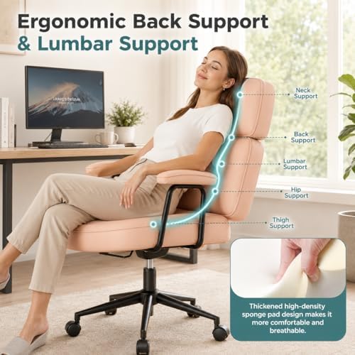 Ergonomic Home Office Desk Chair, PU Leather Computer Chair with Lumbar Support, Adjustable Height, 360° Swivel Rolling Wheels, Executive Task Chair for Office, Gaming, Meeting Room, Pink