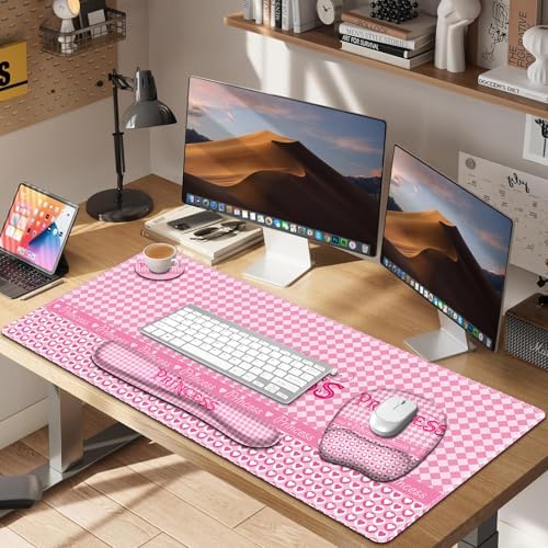 Mouse Pad with Wrist Support 4 in1 Set, XXL Big Game Mousepad + Keyboard Wrist Rest + Mouse Wrist Rest Pad +Coaster Gaming Mat for Home Office Work Computer Laptop I Pink Checkered Princess Girl