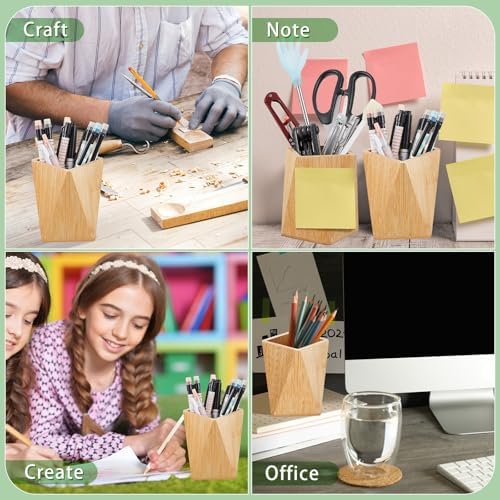 Henoyso 2 Pcs Bamboo Pen Holder Geometric Pencil Cup Stand Makeup Organizer