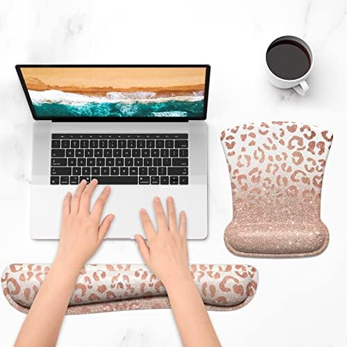 ITNRSIIET Mouse Pad Wrist Support Keyboard Wrist Rest Pad Ergonomic Mousepad Non-Slip Memory Foam Keyboard Pad Easy Typing Pain Relief Perfect for PC Laptop Gaming Office, Rose Gold Leopard Print
