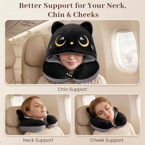 Mewaii Travel Neck Pillow, Airplane Pillow with Hood, Memory Foam, Gray