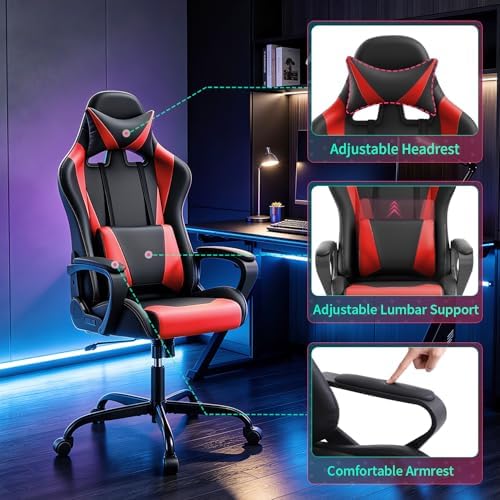 FDW Gaming Chair PU Leather Computer Chair Executive Headrest Lumbar Support Ergonomic Racing Desk Chair with Armrests 360° Swivel & Caster Five Star Metal Base for Office or Gaming