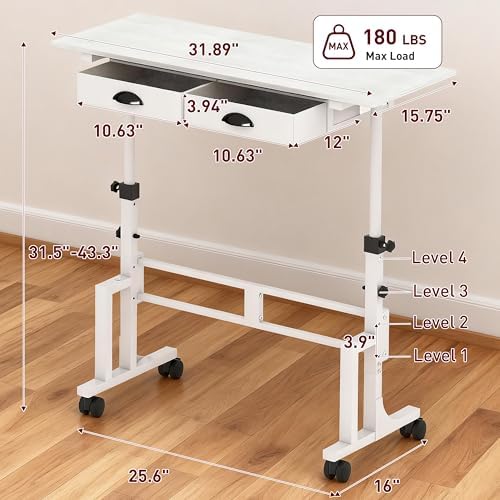 Height Adjustable Standing Desk with 2 Drawers, Small Sit Stand Up Desk with Wheels, Portable Rolling Desk for Walking Pad Treadmill, Computer Office, Adjustable 31.5"-43.3", White, Upgraded Stable