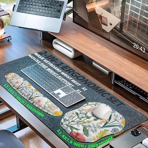 2-in-1 Ergonomic Set, Wave Keyboard Wrist Rest and Massage Slope Mouse Pad Wrist Support, Rebound Memory Foam for Relieve Carpal Tunnel Syndrome and Wrist Pain (Pink Flowers)