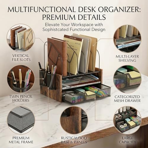 Desk Organizer with Drawer, Desktop File Organizer and Paper Tray Organizer with Vertical File Holder, Office Desk Accessories for Mail, Documents, Papers, Notebooks and Home Office Storage
