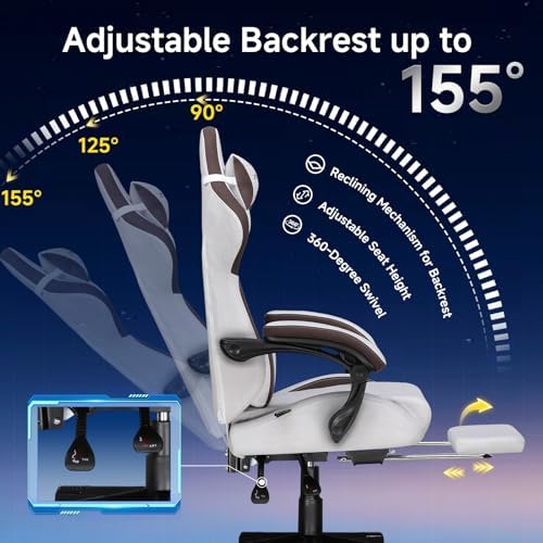 GTPLAYER Gaming Chair Fabric with Pocket Spring Cushion, Big and Tall Gamings Chairs 350LBS High Back Computer Chair with Footrest for Adults Lumbar Support Swivel Game Chair for Office Gaming Brown