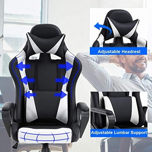 Pc Gaming Chair High Back Ergonomic Office Chair with Lumbar Support Arms Headrest Massage PU Leather Racing Computer Chair Adjustable Swivel Game Chair for Adult Kid, White