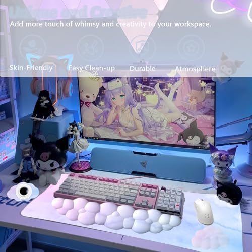 Cloud Mouse Pad and Keyboard Wrist Rest 4PCS Extended Large Desk Mat Pad Set Memory Foam Non-Slip Ergonomic Gaming Mouse Pad Wrist Support for Computer Laptop Home Office Cute Pink Blue Sky
