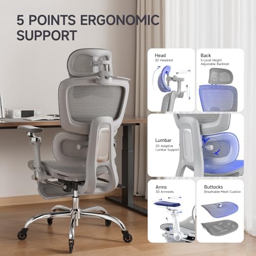 Office Chair with Footrest, Ergonomic Chair with 3D Headrest, Computer Chair with Adjustable Backrest & 6D Armrest, Gaming Chair with Adaptive Lumbar Support, Adjustable Seat Depth, Grey
