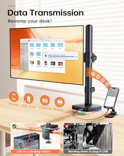 RGB Monitor Arm with USB Hub, Desk Mount for 13-27" Monitors, Data Transfer